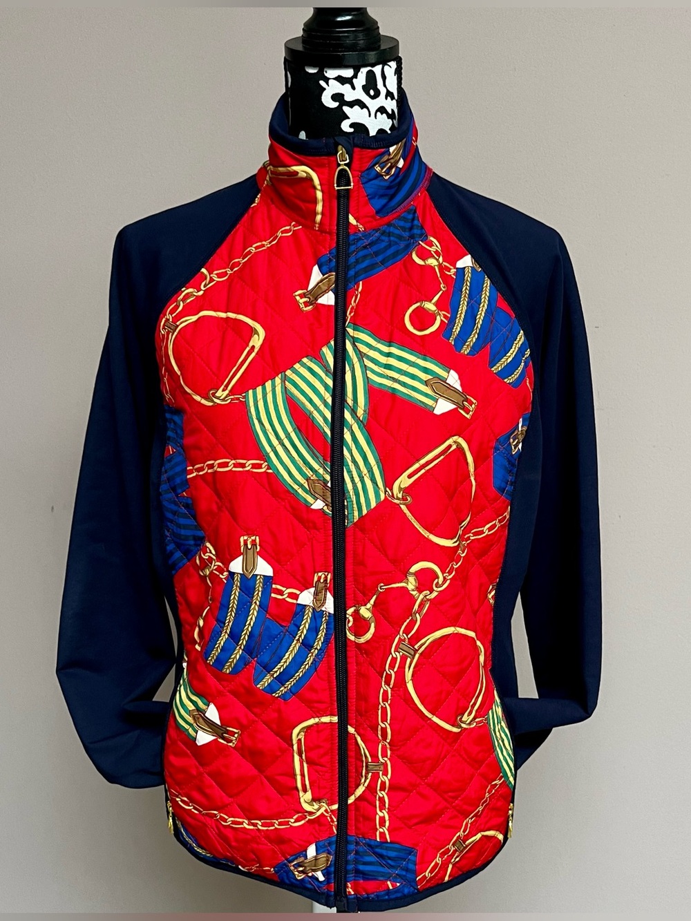 LAUREN RALPH LAUREN ACTIVE Equestrian Quilted Chain Print Full-Zip Vtg. Jacket
